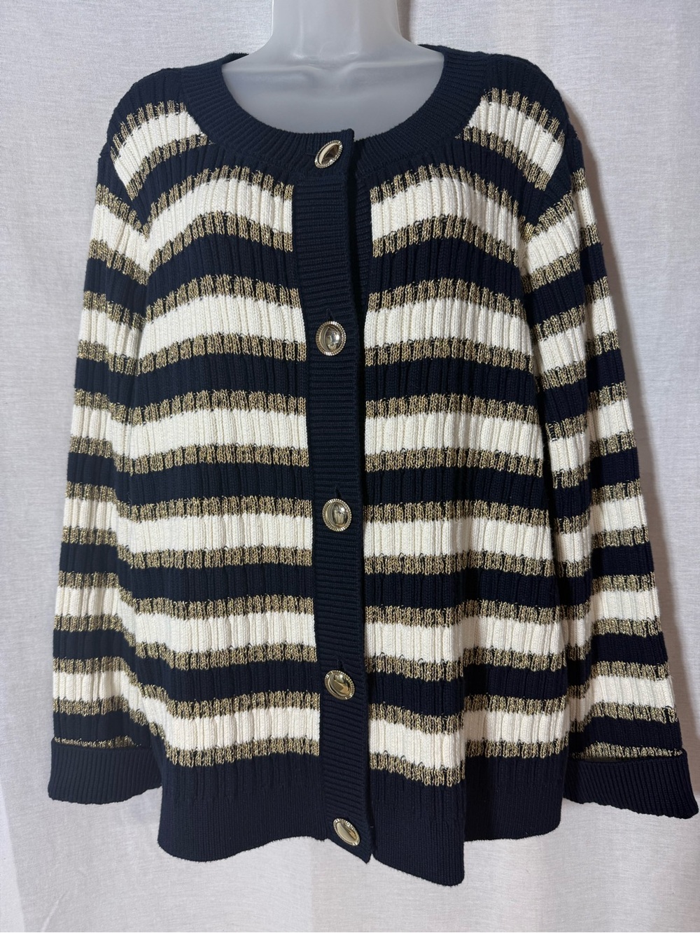 Talbots Navy, Cream & Gold Striped Button Cardigan Size 3X